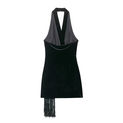 Halfter Mini Kleid Samt Tiefer V Ausschnitt Fransen Saum Rückenfrei Taille Knoten Elegant Sexy Party Clubwear Damen