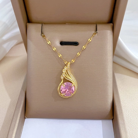 Collier Pendentif Plume De Phénix Acier Inoxydable Cuivre Strass Rose Bijoux De Mariage Élégants Pour Femmes Luxe