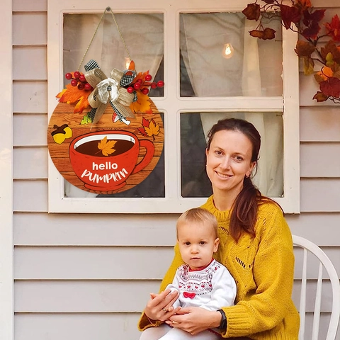 Hello Pumpkin Rundes Holzschild Herbst Willkommen Türbehang Dekoration Mit Juteschleife Ahornblättern Und Karoband