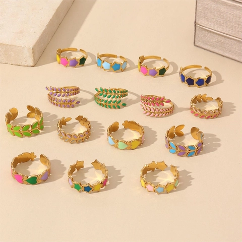 Colorful Enamel Star Heart Leaf Open Rings 18K Gold Plated Stainless Steel Adjustable Fashion Dopamine Jewelry For Women
