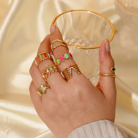 Women Adjustable Enamel Ring 18K Gold Plated Stainless Steel Snake Flower Geometric Vintage INS Style Jewelry