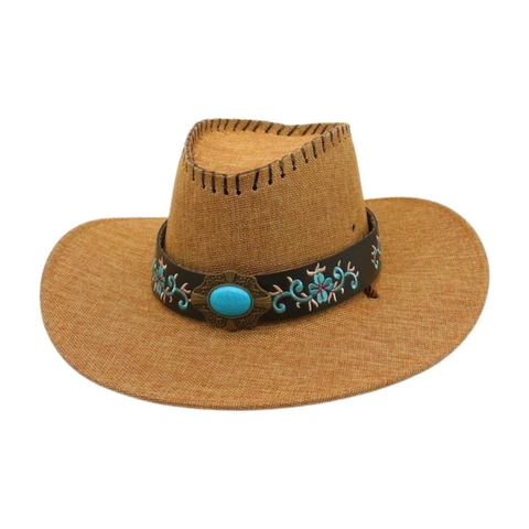 Western Cowboy Hat Wide Brim Sun Protection Ethnic Embroidered Leather Band With Turquoise Retro Style For Outdoor