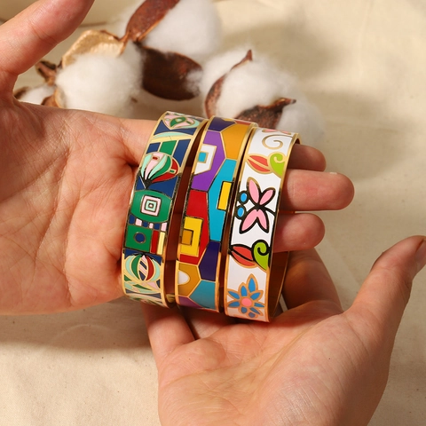 Stainless Steel Enamel Bangle Bracelet For Women Colorful Geometric Floral Pattern Painted Gold Plated Fashion Jewelry