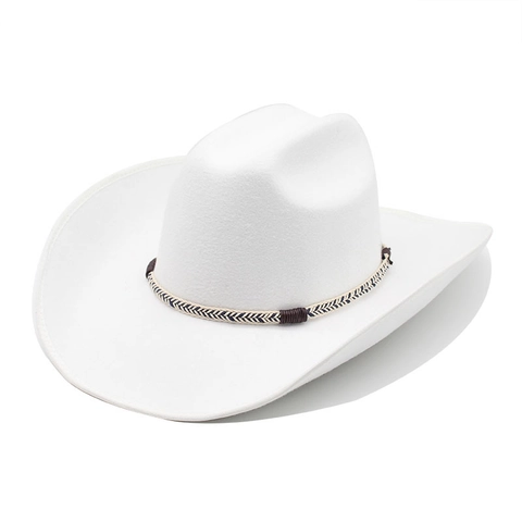 Western Cowboy Hat Wide Brim Felt Retro Ethnic Style With Woven Band Unisex Outdoor Sun Shade Panama Hat