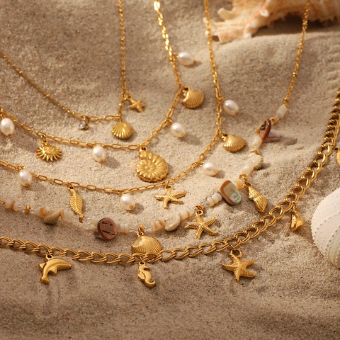 Stainless Steel Necklace Shell Starfish Faux Artificial Pearl Ocean Beach Summer Vacation Jewelry Bohemian Trendy Women Non Fading