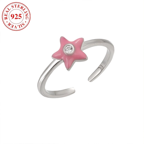 925 Sterling Silver Toe Ring For Women Pink Enamel Star Rhinestone Open Adjustable Summer Beach Vacation Fashion Jewelry