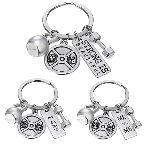 Portachiavi Motivazionale Palestra in Lega Argento Ciondolo Sollevamento Pesi Kettlebell Manubrio Bilanciere per Amanti dello Sport Regalo