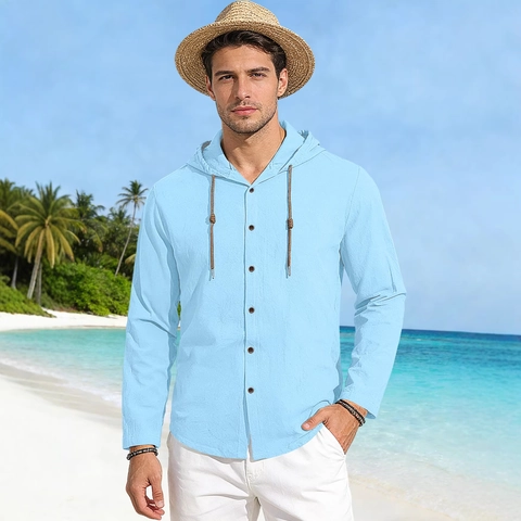 Heren Overhemd Met Capuchon 100% Katoen Linnen Look Lange Mouwen Button Down Strand Vakantie Ademende Top