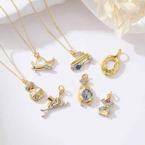 Copper Gold Plated Zirconia Airplane Yacht Windmill Pendant Only Without Chain For DIY Jewelry Making Women Accessories