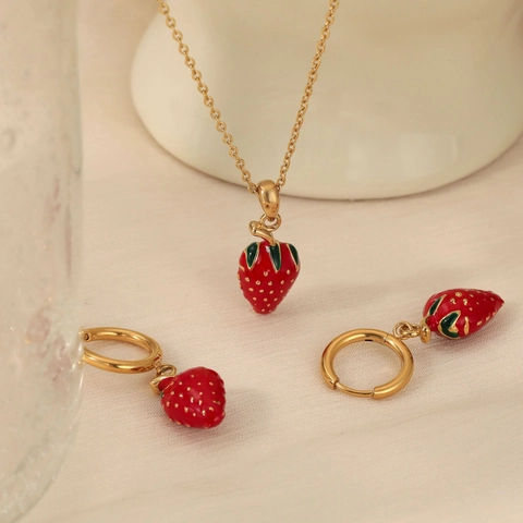 Parure Bijoux Collier Et Boucles D'oreilles Pendentif Fraise Acier Inoxydable Émail Rouge Plaqué Or Femmes Filles