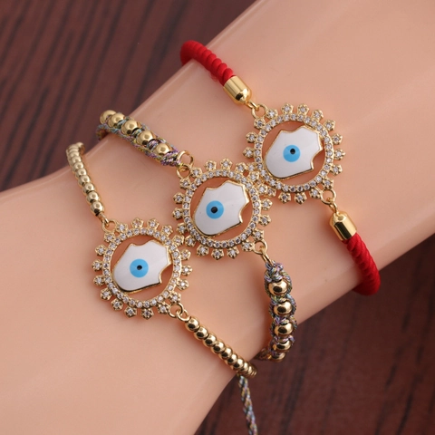Hamsa Hand Evil Eye Bracelet Copper Zircon Micro Pave Enamel Adjustable Braided Rope Jewelry For Women Men