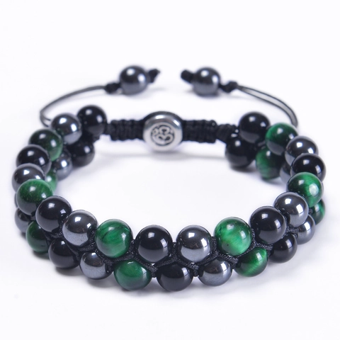Double Layer Beaded Bracelet Tiger Eye Obsidian Hematite Om Symbol Stone Adjustable Braided Rope Healing Jewelry Men Women