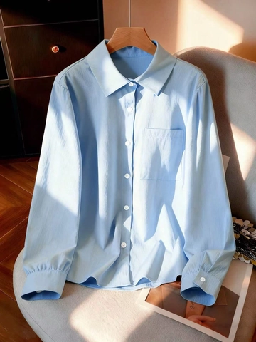 Women Blouse Shirt Long Sleeve Crinkle Texture Solid Color Button Down Casual Loose Pocket Lapel Tops