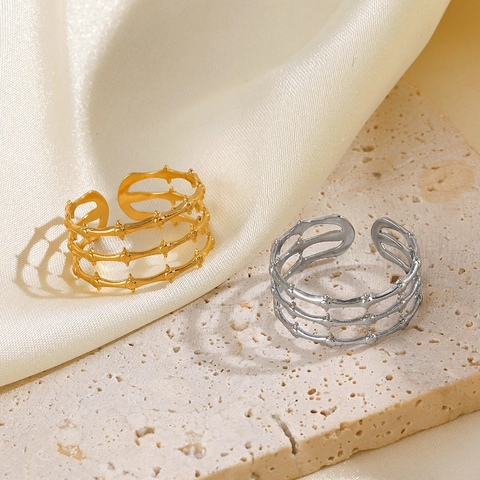 Anillo De Acero Inoxidable De Varias Capas Ajustable Abierto Línea Diseño Espinas De Bambú Estilo Ins Chapado En Oro Para Mujer