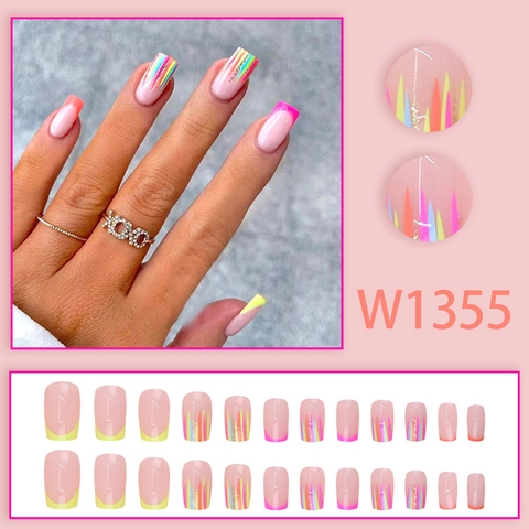 Kleurrijke Regenboog French Tip Press On Nagels Vierkante Kunstnagels Manicure Voor Dames