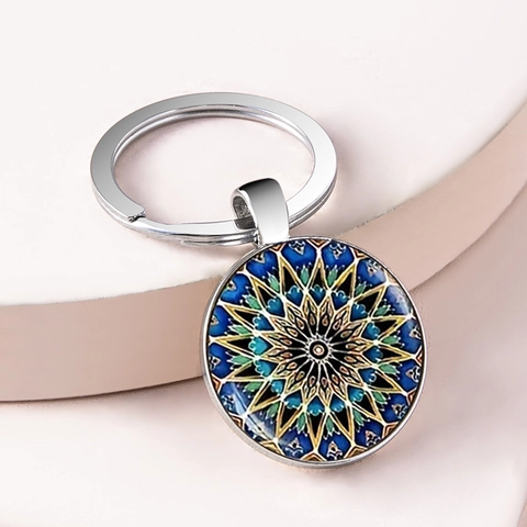 Portachiavi A Cupola In Vetro Mandala Retrò Metallo Tondo Motivo Geometrico Ciondolo Per Chiavi Colore Argento