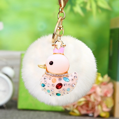 Cartoon Crown Duck Keychain With Plush Ball Rhinestone Zinc Alloy Inlaid Bag Pendant For Women Girls Cute Animal Keyring
