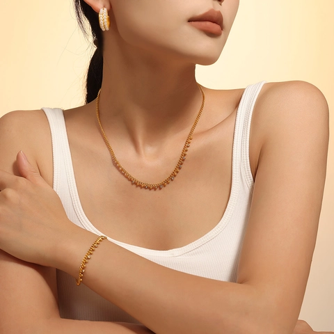 Conjunto Collar Y Pulsera De Acero Inoxidable Oro Con Borla Cuentas Para Mujer Diamante Imitación Chapado PVD Joyas