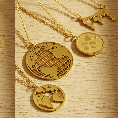 Weltkarte Anhänger Halskette Edelstahl Minimalistisch Reise Schmuck Geschenk Für Frauen Und Männer Vergoldet