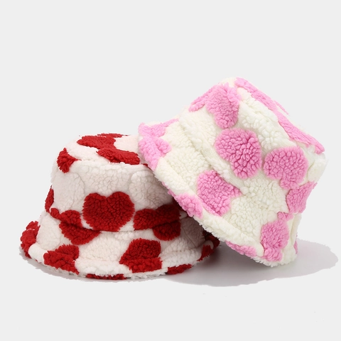 Bucket Hat Kunstpelz Plüsch Verdickt Warm Winter Herzmuster Druck Casual Outdoor Kopfbedeckung Mode Für Damen Frauen