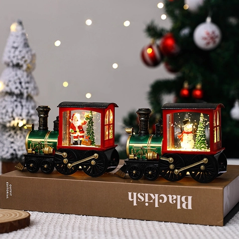 Christmas Train Snow Globe Lighted Water Lantern With Santa Claus Snowman Figurine Glitter Decorative Tabletop Night Light
