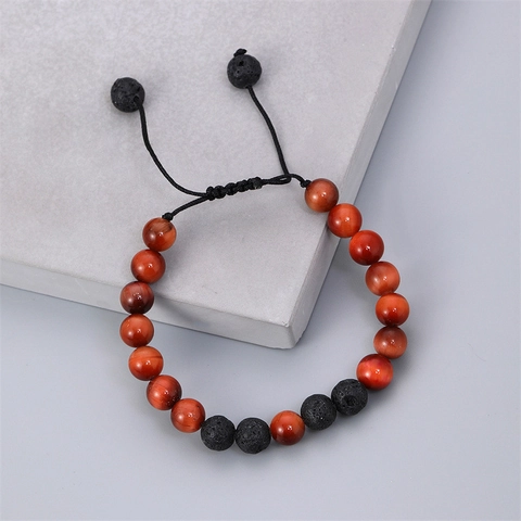Men Beaded Bracelet Red Tiger Eye And Volcanic Stone Adjustable Woven Rope Handmade Natural Stone Jewelry