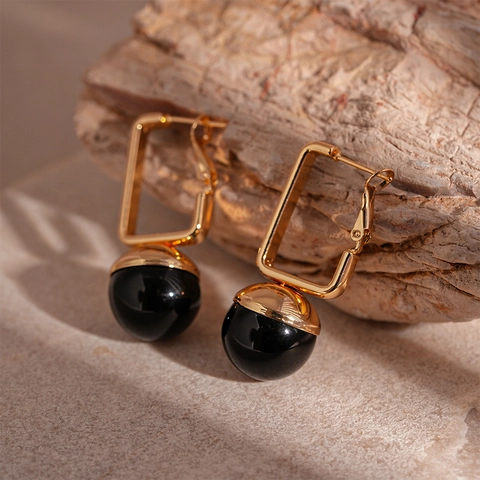 Retro Geometric Drop Earrings Iron Frame Black Resin Bead Silver Earring Post For Women Vintage Dark Style