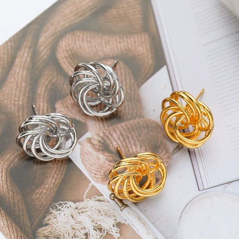 Orecchini a Bottone a Forma di Nido d'Uccello Cavo Stile Coreano per Donna Design di Nicchia Spirale Geometrica in Rame Galvanizzato 18K