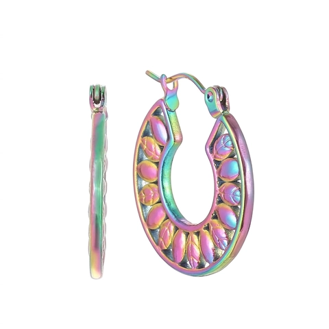 Stainless Steel Leaf Pattern Hoop Earrings Colorful Gradient Hollow Out Design Fashion Jewelry Accessories For Women