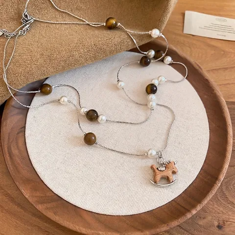 Double Layered Necklace With Wooden Rocking Horse Pendant Tiger Eye Stone Imitation Artificial Pearls Vintage Copper Chain Jewelry