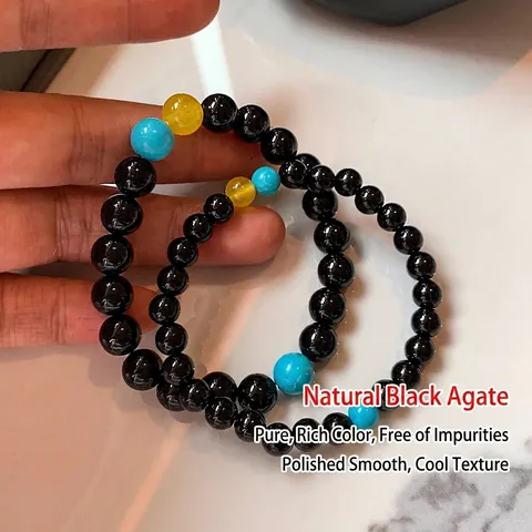 Natural Black Agate Beaded Bracelet Elastic Minimalist Vintage Jewelry With Blue And Yellow Accents Unisex Style