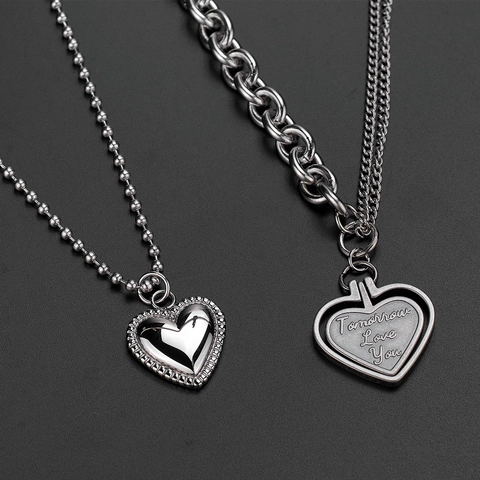 Collar Con Colgante De Corazón De Acero Inoxidable Doble Capa Grabado Hip Hop Retro Gótico Cadena Clavícula Hombre Mujer