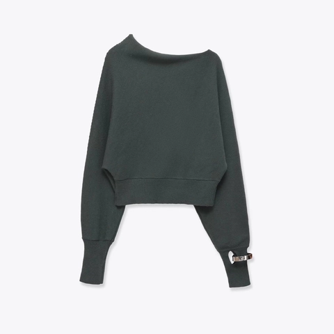Women Knit Sweater Asymmetrical Slash Neck Pullover Top Long Sleeve Metal Buckle Cuff Elegant Minimalist Cropped Soft
