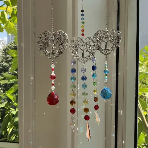 Heart Tree Of Life Crystal Suncatcher Hanging Ornament Rainbow Maker Prism Metal Hollow Window Home Garden Decoration