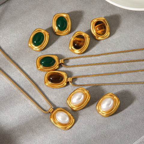 French Vintage Stainless Steel Gold Plated Pendant Necklace With Tiger Eye Artificial Pearl Turquoise Geometric Stud Earrings For Women Jewelry