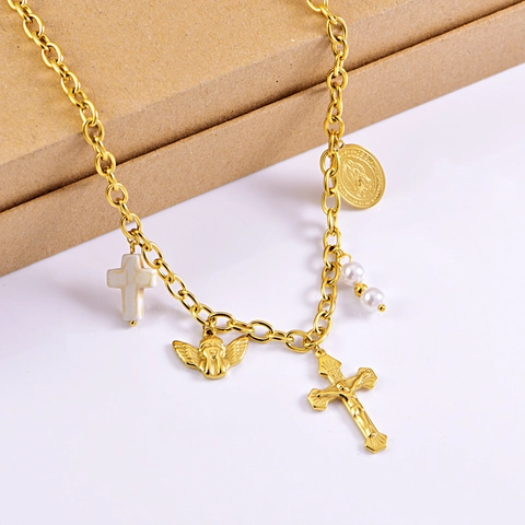 Collier Pendentif Religieux Vintage Acier Inoxydable Croix Ange Vierge Marie Perle Artificielle Or Plaque Chaîne de Pull Bijoux