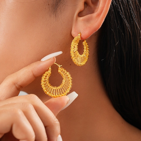 Orecchini A Cerchio Tondi Vintage Placcati Oro 18K Rame Maglia Intrecciata Design Cavo Geometrico Moda Donna