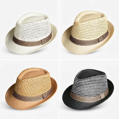 Straw Fedora Hat Hollow Woven Breathable Summer Sun Protection Beach Travel British Style Striped Band