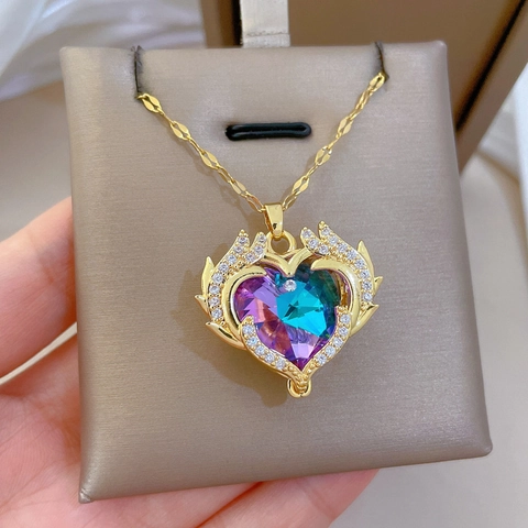 Collar Cristal Corazón Alas De Ángel Acero De Titanio Chapado En Oro Colgante De Cobre Degradado Zircón Joyería Elegante Mujer
