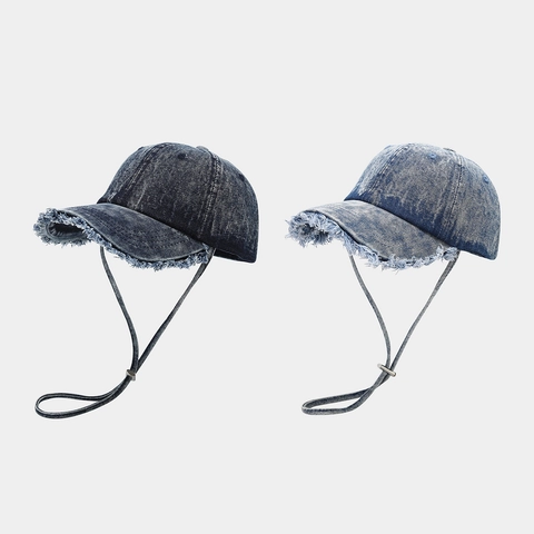 Gewaschene Denim Baseballkappe Mit Ausgefranstem Rand Verstellbares Winddichtes Seil Baumwolle Outdoor Vintage Streetwear