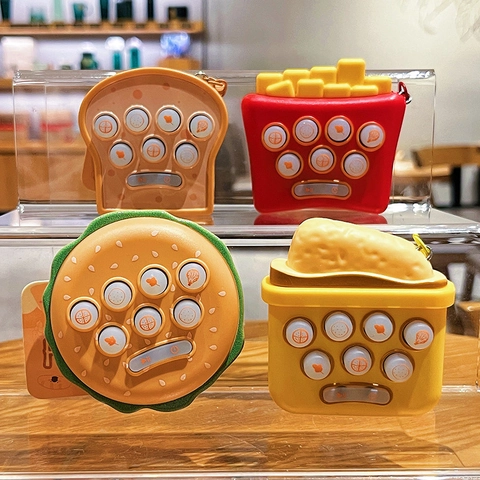 Mini Whack-A-Mole Game Keychain Light Up Electronic Sensory Fidget Toy Creative Burger Fries Food Shape Backpack Pendant