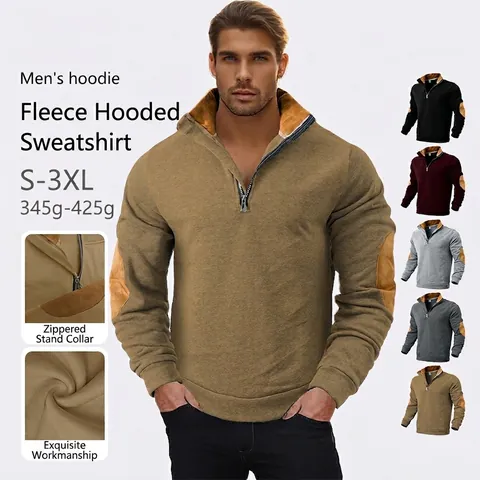 Sudadera De Hombre Con Cremallera De Cuarto Cuello Alto Pullover De Manga Larga Con Parches En Los Codos Forro Polar