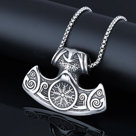 Viking Thor Hammer Axe Pendant Necklace Stainless Steel Nordic Mythology Vegvisir Compass Vintage Engraved Jewelry For Men