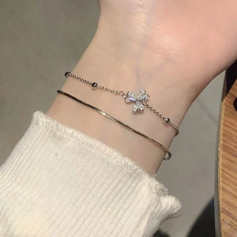 Zircon Flower Clover Bracelet 18K Gold Plated Copper Adjustable Double Layer Chain Light Luxury Jewelry For Women Daily