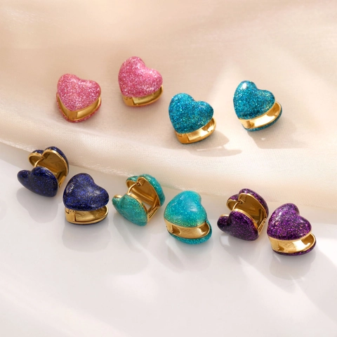 Heart Shaped Huggie Hoop Earrings Stainless Steel With Rhinestones And Colorful Glitter Enamel Star Pattern For Women