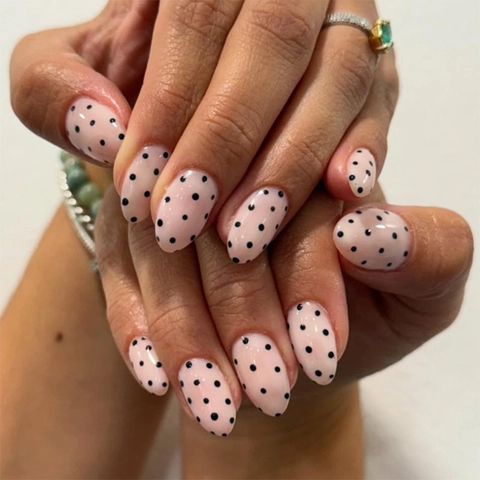 Almond Press On Nails Pink Black Polka Dot Glossy French Style Artificial False Fingernails Women Daily Wear