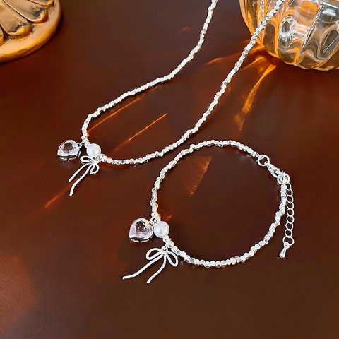 Necklace And Bracelet Alloy Jewelry For Women Pink Heart Zircon Bow Knot Imitation Artificial Pearl Silver Nugget Style Dainty