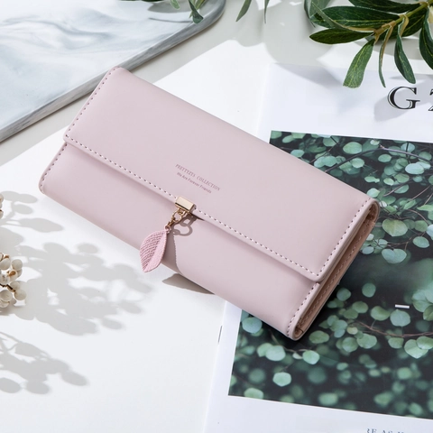 Long Portefeuille Pour Femmes Cuir PU Grande Capacité Pochette À Rabat Avec Pendentif Feuille Élégant Doux