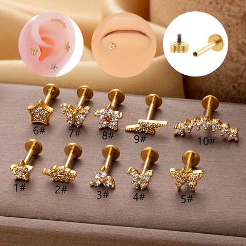 Labret Studs Acier Inoxydable Filetage Interne Zircon Cuivre Fleur Papillon Étoile Piercing Cartilage Oreille