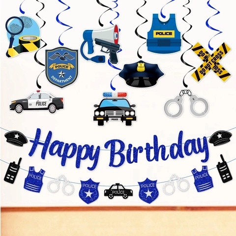 Police Birthday Party Decoration Banner Glitter Paper Spiral Swirls Cake Toppers Honeycomb Centerpieces Photo Props Kids